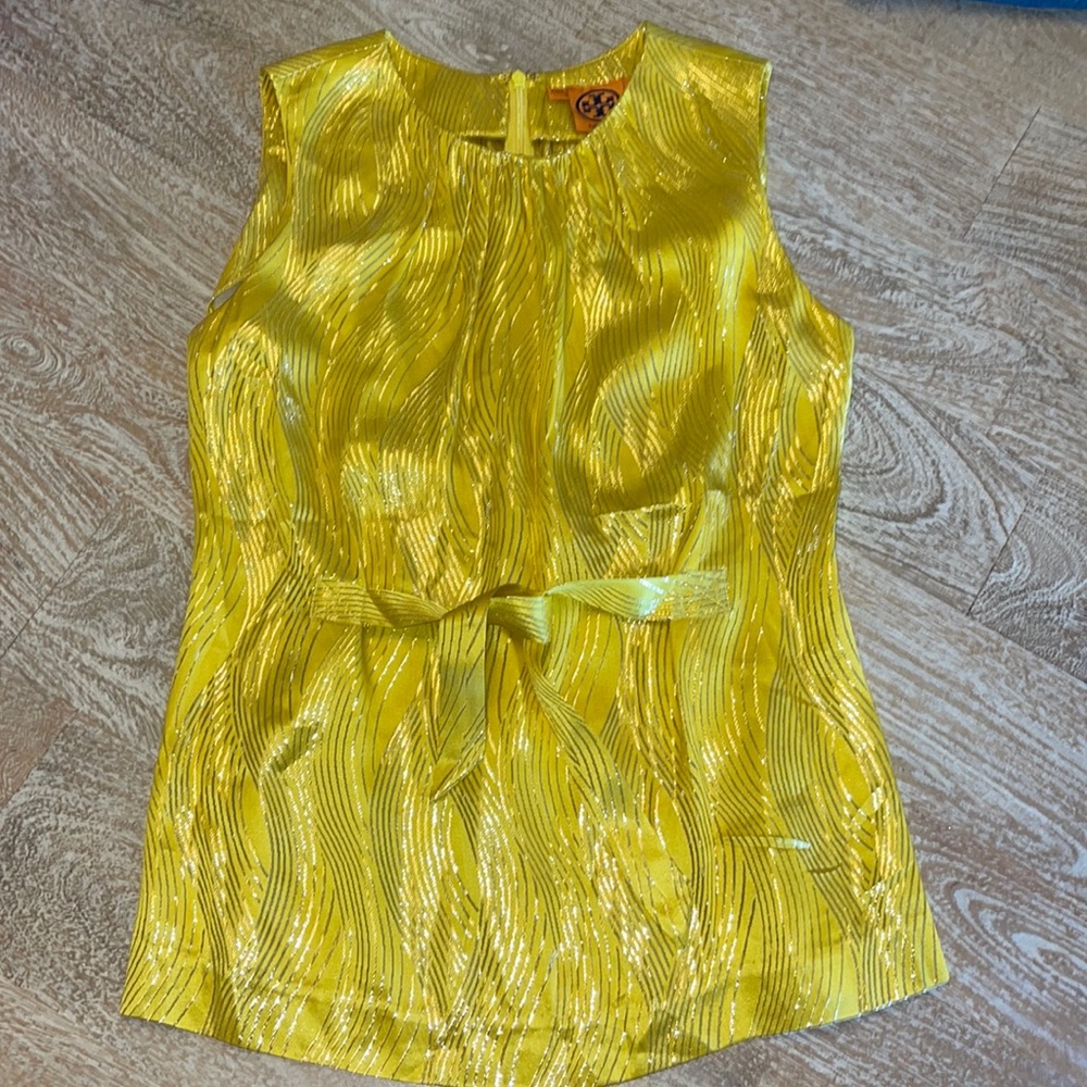 Tory Burch Yellow Silk Gold Lamé Sleeveless Top